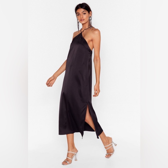 Nasty Gal Satin Side Split Hem Halter Midi Dress - Picture 1 of 3